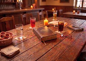 Tisch mit Gläsern und einer Bibel in einem Lokal