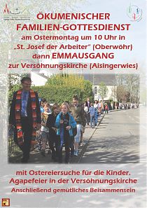 Plakat mit Einladung zum ökumenischen Familiengottesdienst mit Emmausgang am 10. April 2023