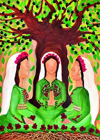 Das Bild zum Weltgebetstag 2024 zeigt im Hintergrund einen Olivebaum mit zahlreichen Zweigen und Früchten. Davor knieen drei betende Frauen mit weißen Schleiern in hellgrünen Kleidern mit dunkelgrünen und roten Verzierungen.