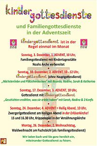 Ein Plakat mit der Ankündigung von Kinder- und Familiengottesdiensten in der Adventszeit und an Weihnachten 2023