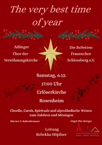 Plakat mit Einladung zum Adventskonzert mit einem zentralen Stern, Noten und weihnachtlicher Dekoration