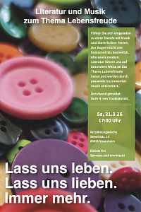 Ein Bild mit bunten Knöpfen im Hintergrund des Einladungstextes zur Veranstaltung