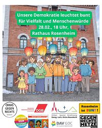 Ein Bild vom Rathaus Rosenheim mit Einladungstext zur Veranstaltung am 28.02.2026