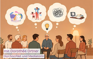 Ein gezeichnetes Bild einer Gruppe Erwachsener in einem Stuhlkreis, mit Gedanken-Blasen über unterschiedliche Aspekte des Alltags wie voller Schreibtisch oder voller Wäschekorb und eine beratende Person mit einer Sprechblase, in der eine leuchtende Glühla
