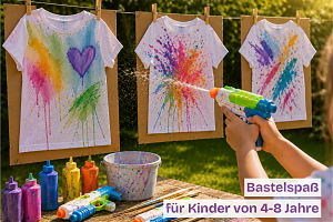 weiße T-Shirts werden mit Textilfarbe aus einer Wasserpistole besprüht